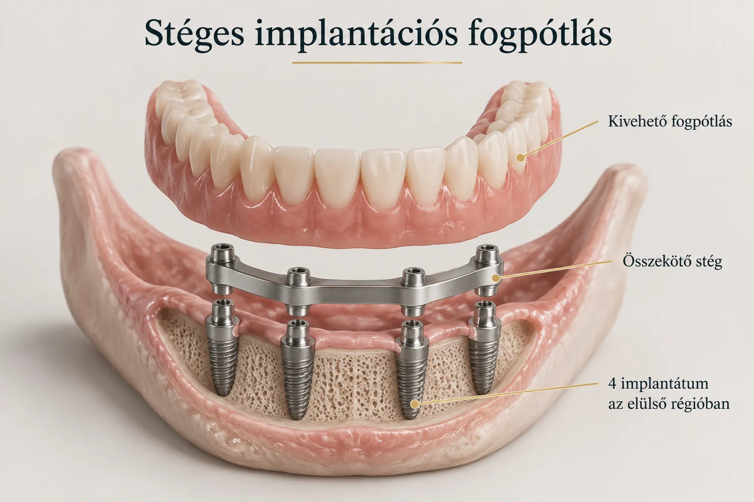 Illustration of a bar-retained implant denture: four anterior implants in the lower jaw, a connecting metal bar and a removable denture.