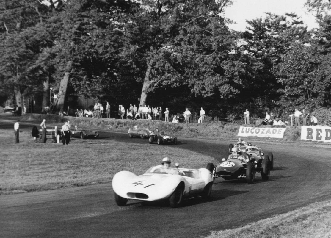 Bernard Cox. at Old Hall corner, Oulton Park, competing in a Formula Libre race. (The Lola Archive)