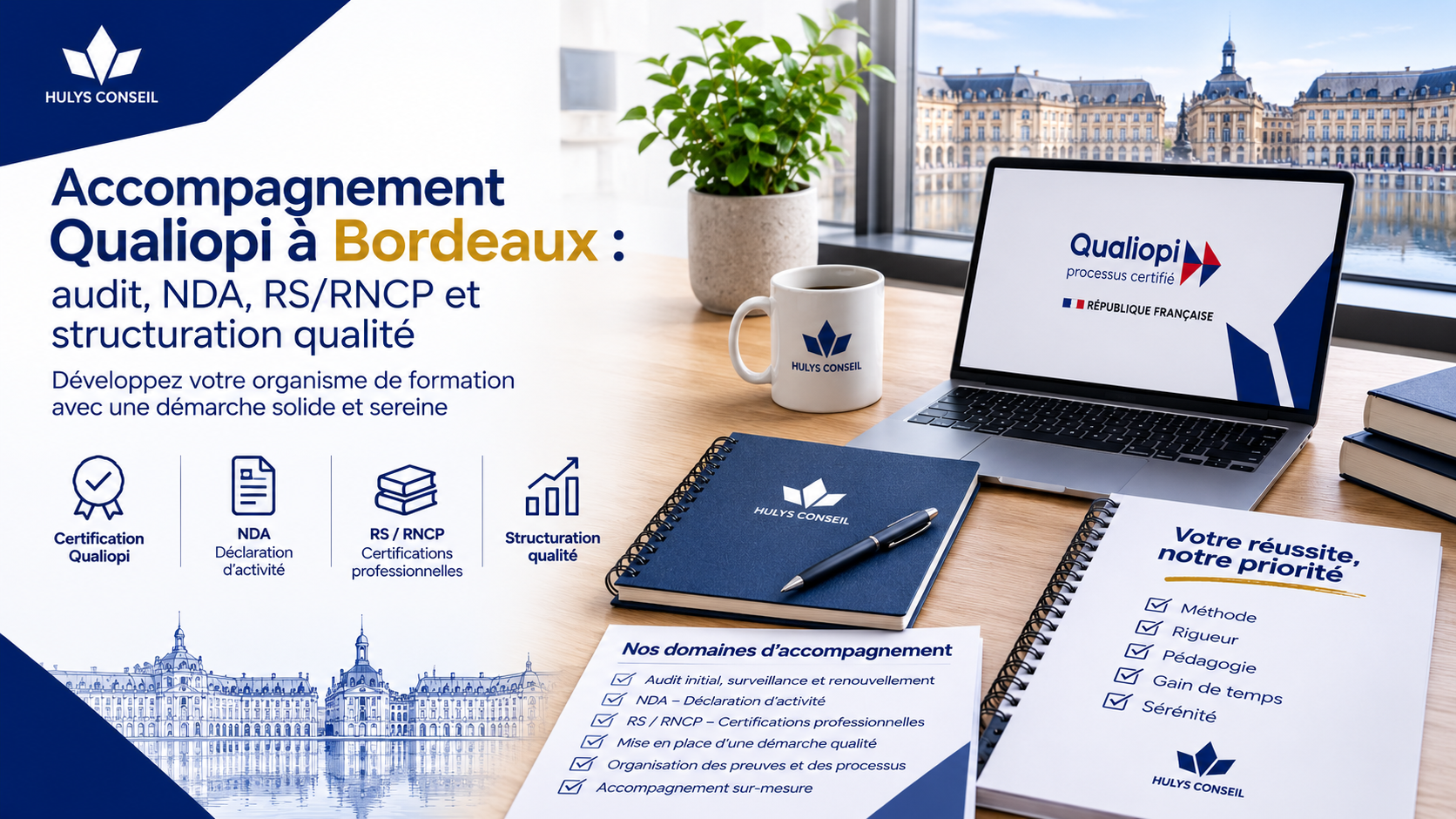 Accompagnement Qualiopi à Bordeaux : audit, NDA, RS/RNCP et structuration qualité