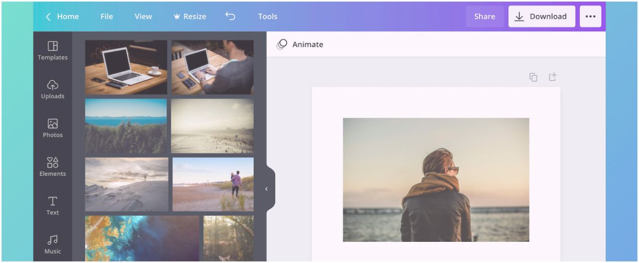 A graphic design software interface with photo selection on the left and an image of a person by water displayed on the main editing area.