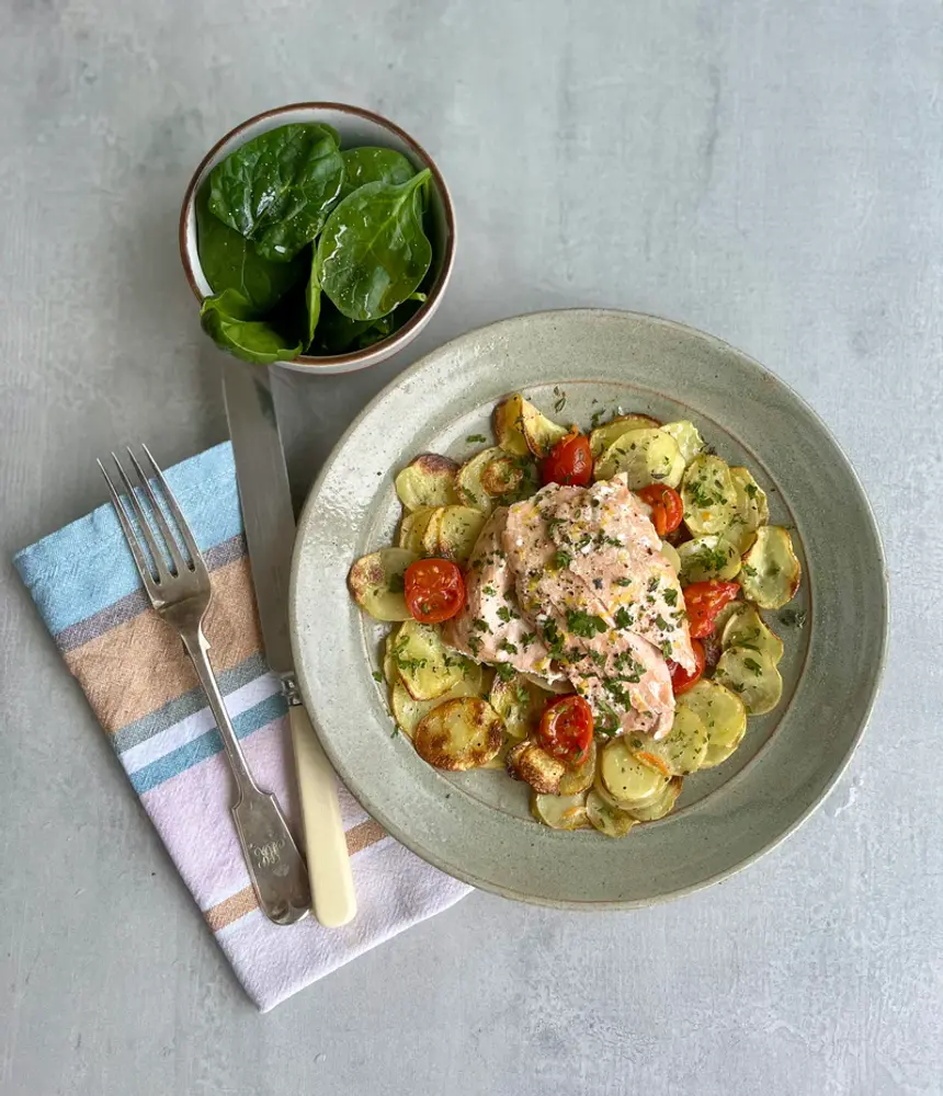 Low FODMAP Baked Lemon Herb Salmon with Potatoes and Tomato