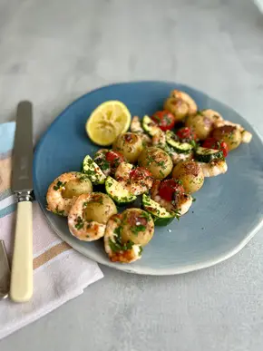 Low FODMAP Grilled Prawn, Potato and Courgette Skewers