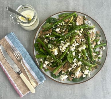 Spring Asparagus, Pea, Grain and Seed Salad with Kefir and Feta