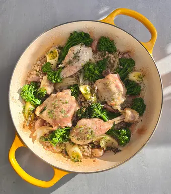Chicken with Whole Garlic, Pearled Barley and Sprouting Broccoli