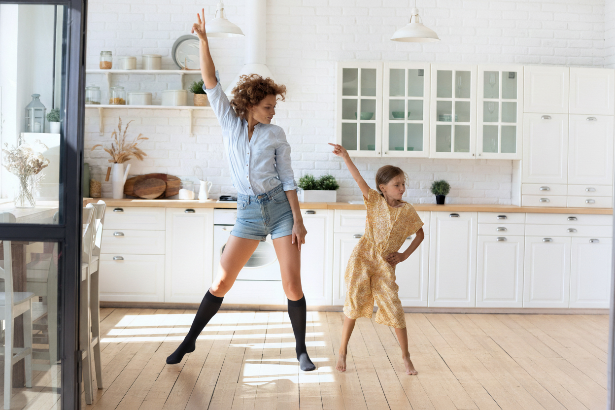 a mother in compression stockings dancing with her daughter