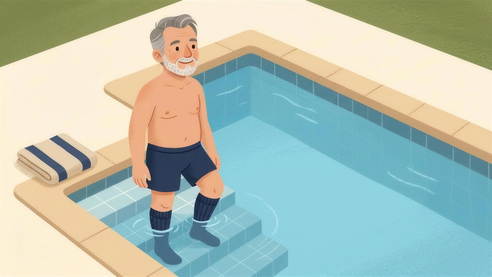 Illustration of a man standing on the steps of a swimming pool with his navy compression socks on in the water
