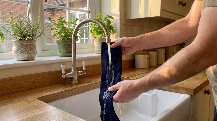 Hands rinsing a navy compression sock under a cool running tap at a kitchen sink