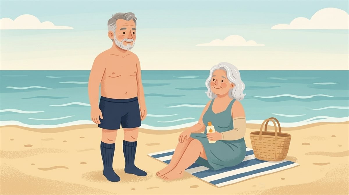 Illustration of a man in compression socks and a woman wearing a plain compression arm sleeve enjoying a day at the seaside