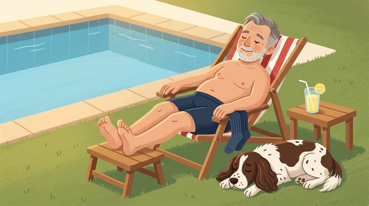 Illustration of a man relaxing in a deckchair by the pool with his compression socks off and draped beside him