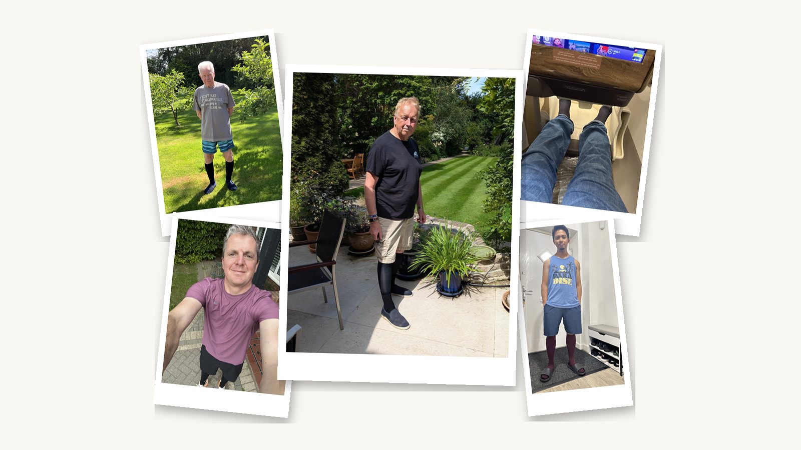 Five photos shared by dads for our Father's Day round-up, wearing their compression socks and stockings at home, in the garden and on a flight