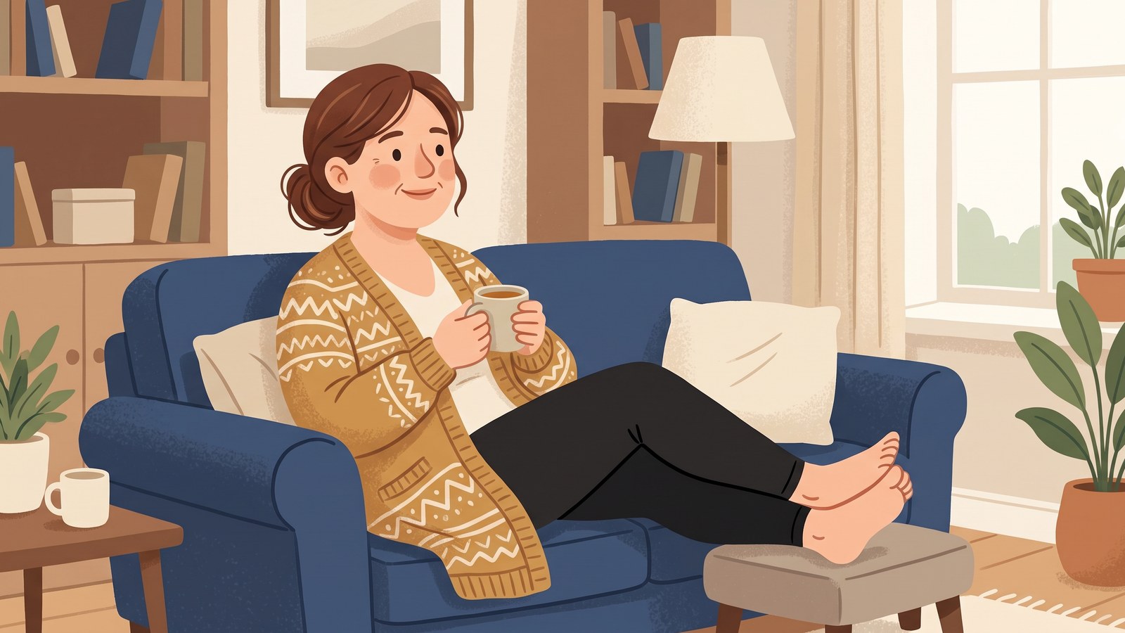 Illustration of a woman relaxing on a sofa at home in black compression leggings, holding a mug of tea
