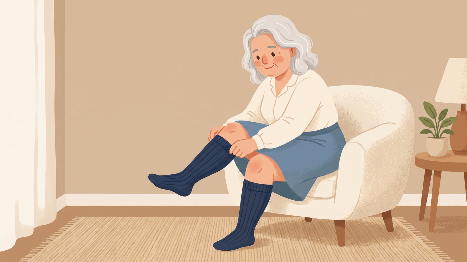 Illustration of a woman pulling a navy knee-high compression sock up evenly to just below the knee