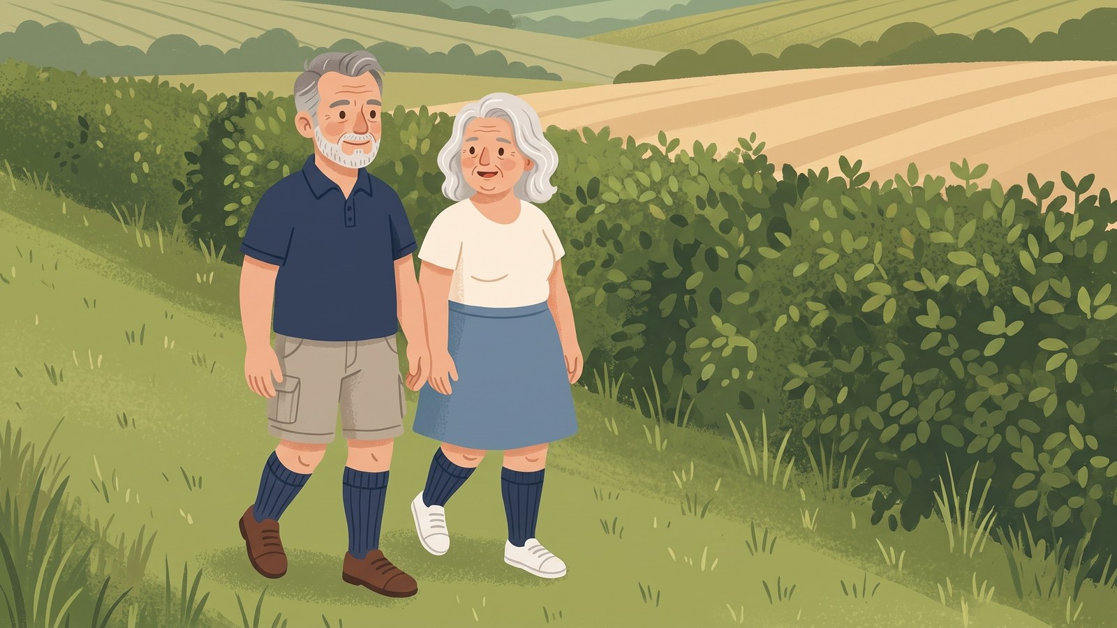 Illustration of a couple walking a countryside footpath, both wearing navy knee-high compression socks