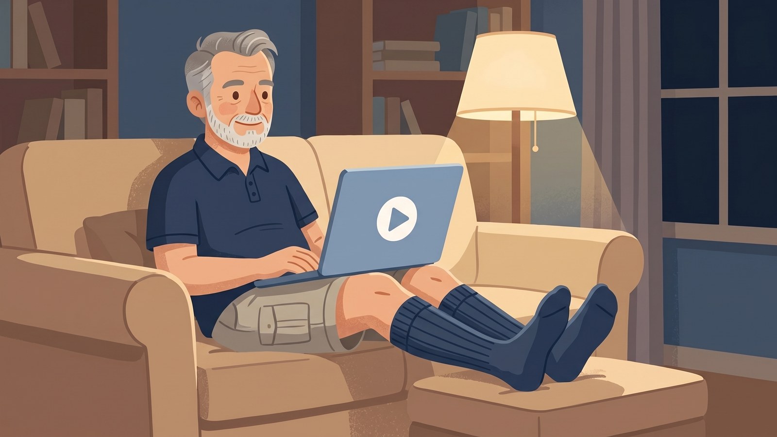 Illustration of a man watching a video on a laptop with his feet up, wearing navy compression socks