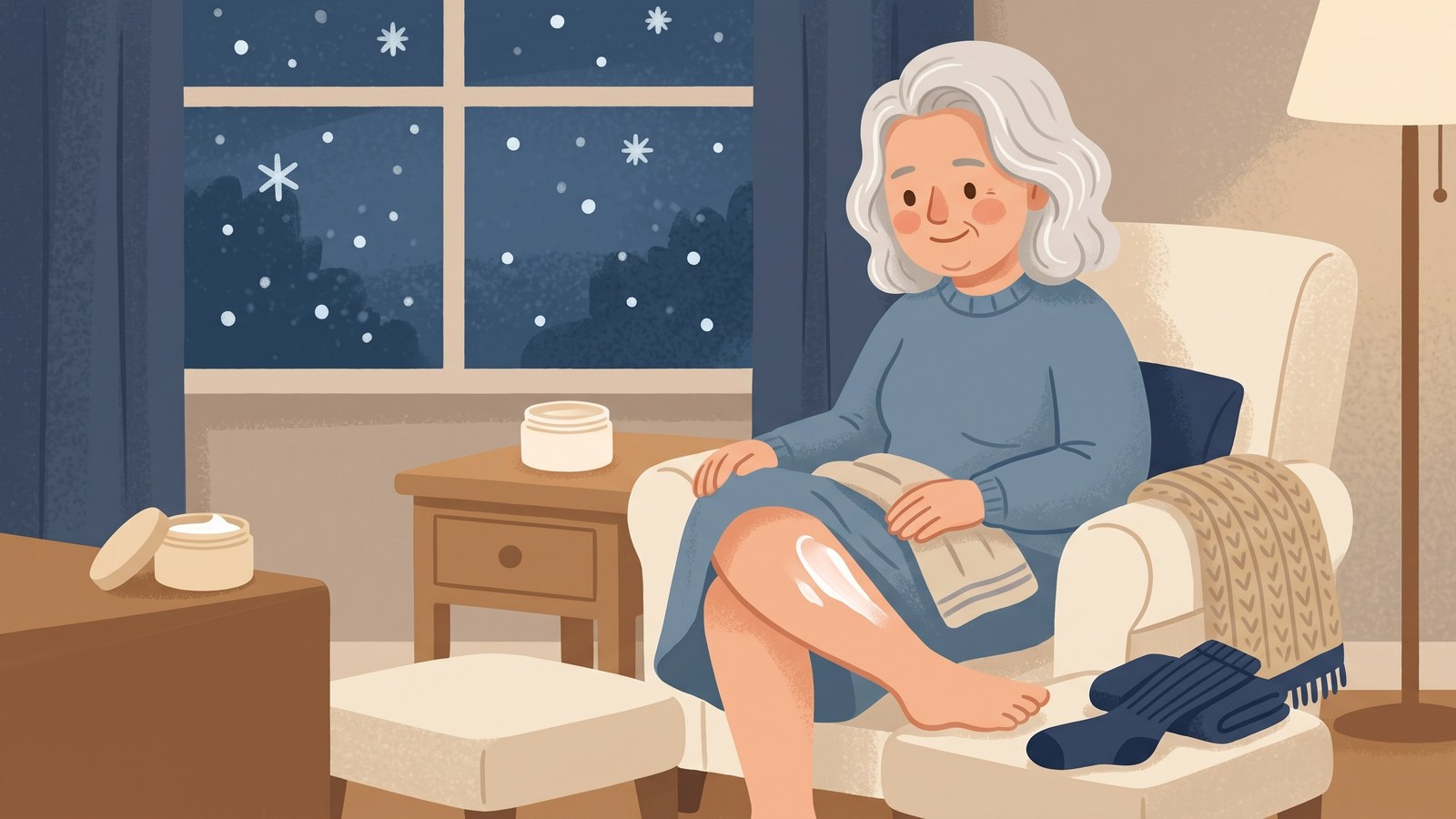 Illustration of a woman moisturising her lower leg in an armchair on a snowy winter evening, compression socks ready beside her