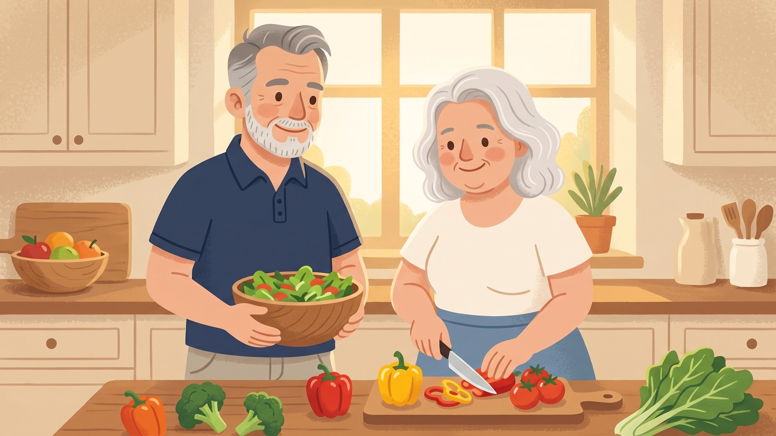 Illustration of a couple preparing a colourful healthy meal together in their kitchen
