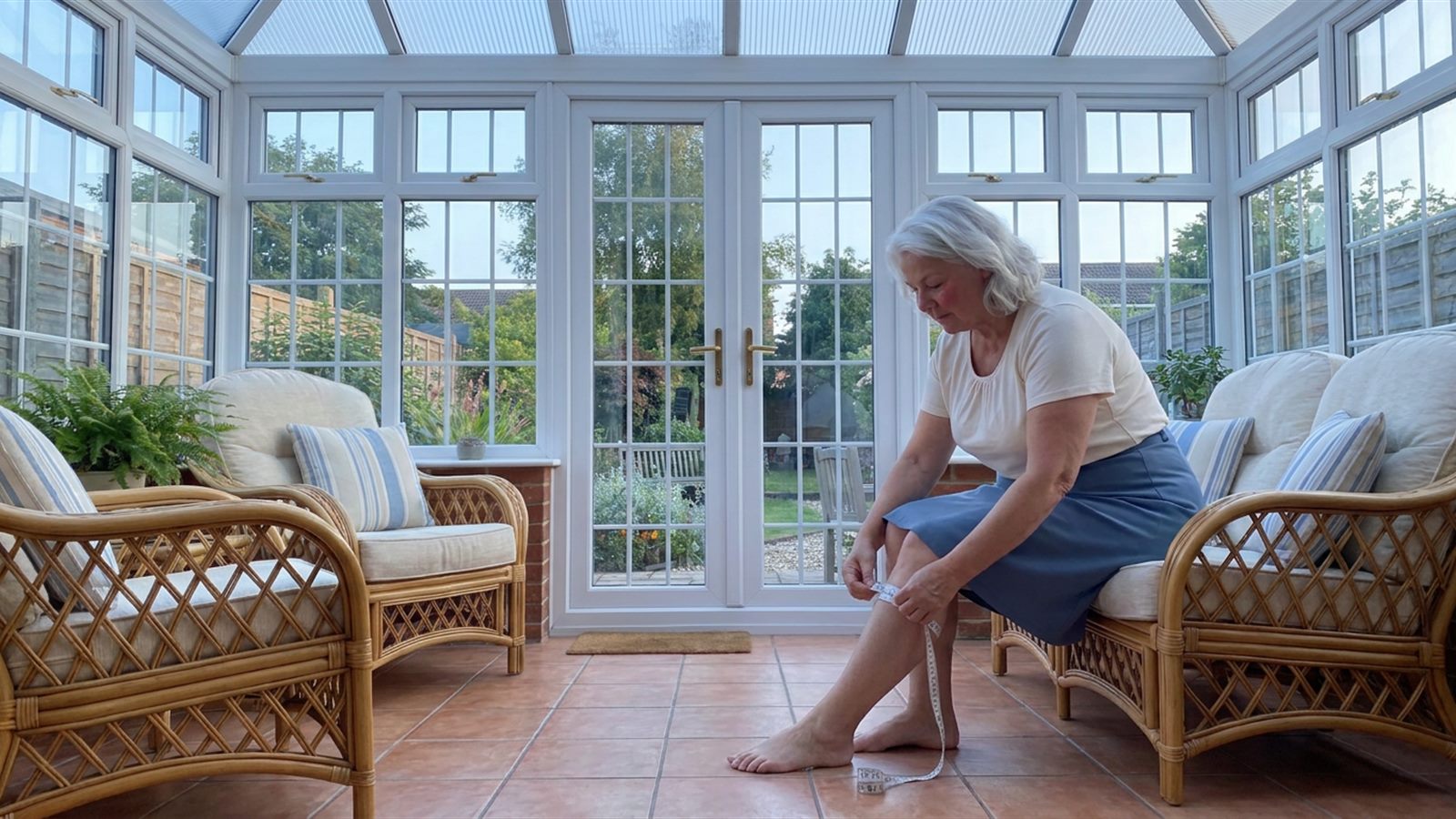 A woman sitting on the edge of a conservatory chair in soft morning light, wrapping a tape measure around her bare lower leg