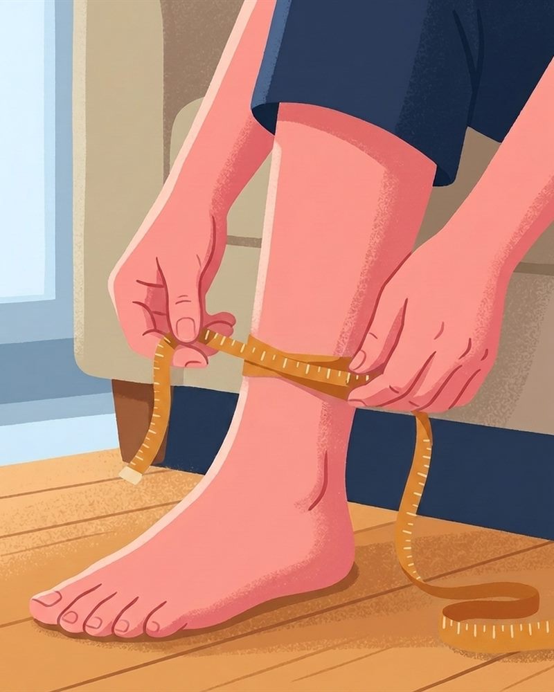 Illustration of hands wrapping a tape measure around the narrowest part of a bare lower leg, just above the ankle bone