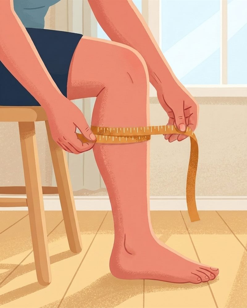Illustration of a seated person's hands wrapping a tape measure around the widest part of a bare calf, with the tape flat and level