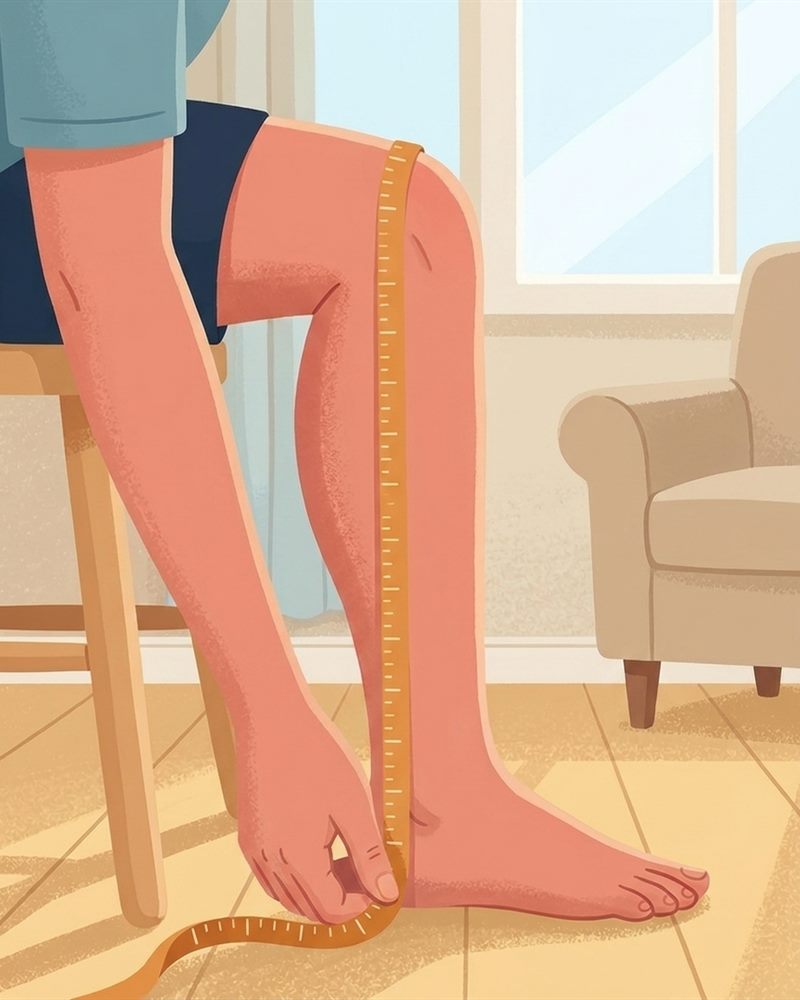 Illustration of a seated person holding a tape measure straight and vertical from the floor beside the heel up to just below the knee