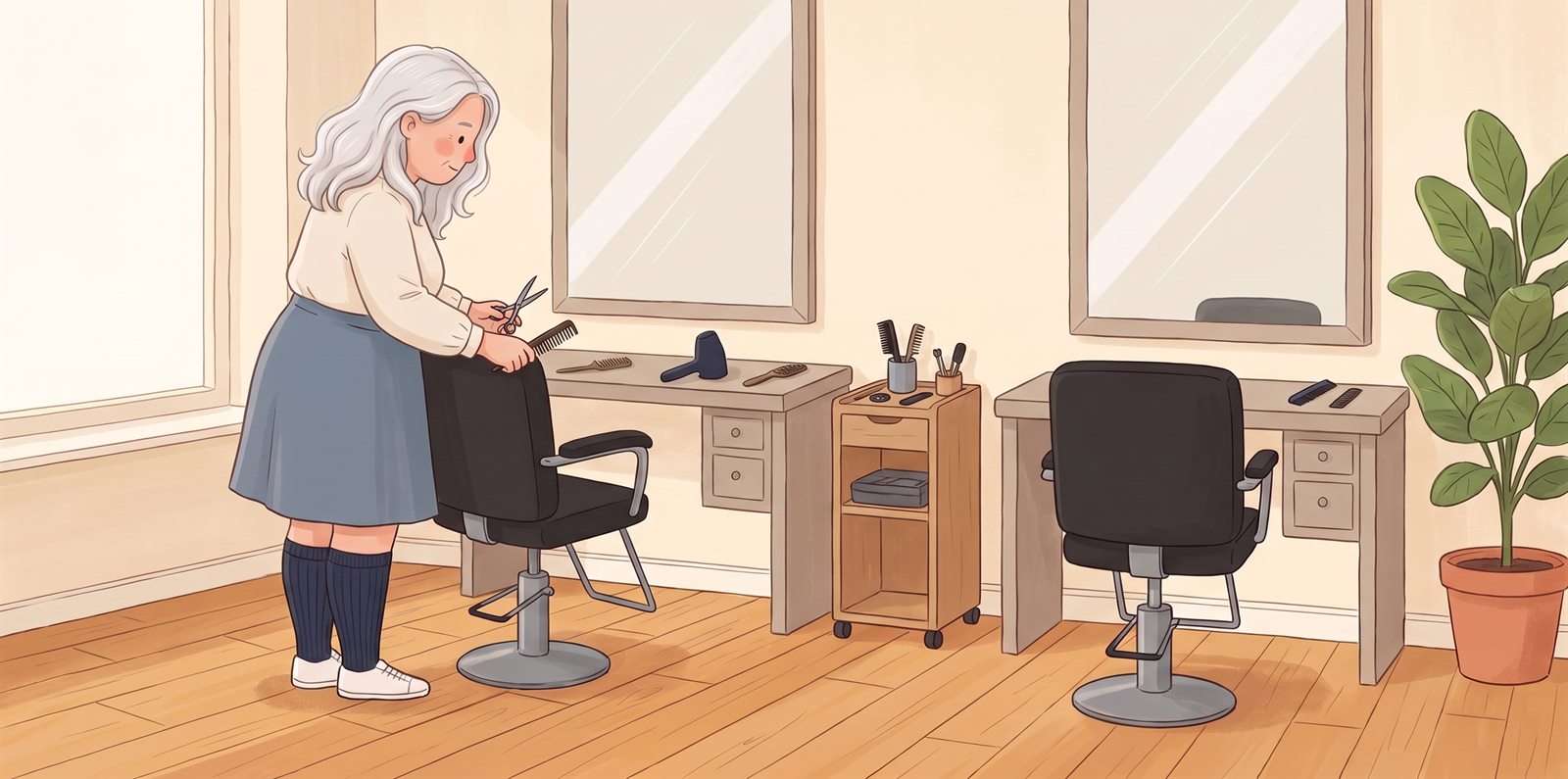Illustration of a hairdresser at work in a small salon, in profile behind her styling chair with scissors and a comb, wearing knee-high compression socks