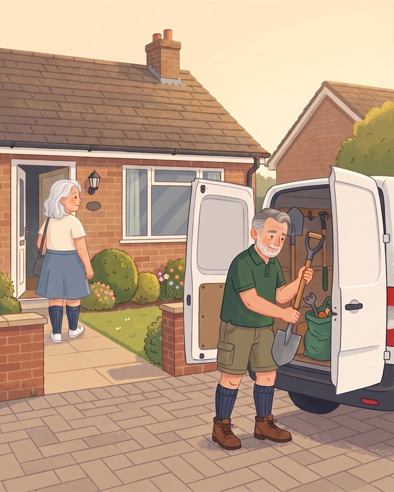 Illustration of a woman leaving her front door with a shoulder bag while a man loads garden tools into a plain white van on the driveway, both wearing knee-high compression socks