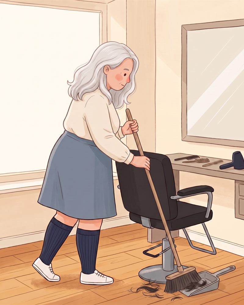 Illustration of a hairdresser sweeping the salon floor between clients, wearing knee-high compression socks
