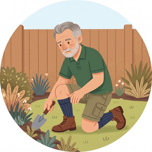 Illustration of a gardener kneeling at a flower border with a trowel, wearing knee-high compression socks