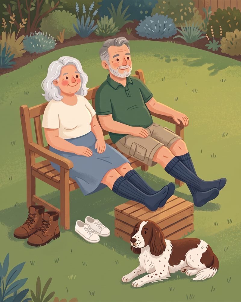Illustration of a couple sitting on a garden bench in the evening with their shoes off and their socked feet up on a crate, a springer spaniel lying on the grass