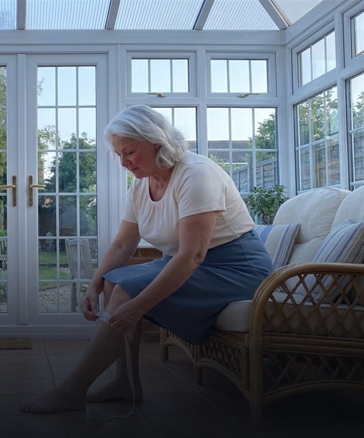 A woman sitting on the edge of a conservatory chair in soft morning light, wrapping a tape measure around her bare lower leg
