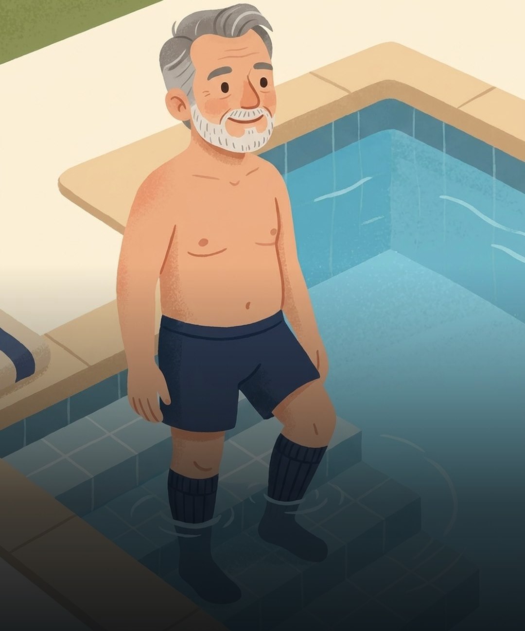 Illustration of a man standing on the steps of a swimming pool with his navy compression socks on in the water