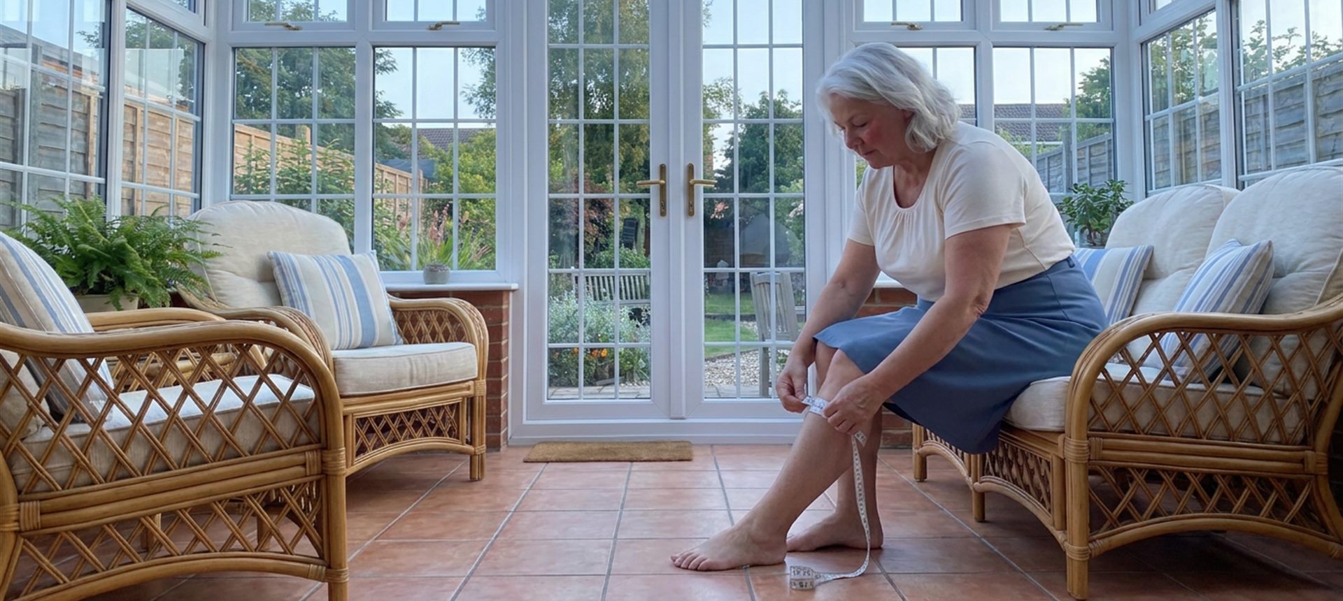 Woman seated in a conservatory measuring her calf with a tape measure