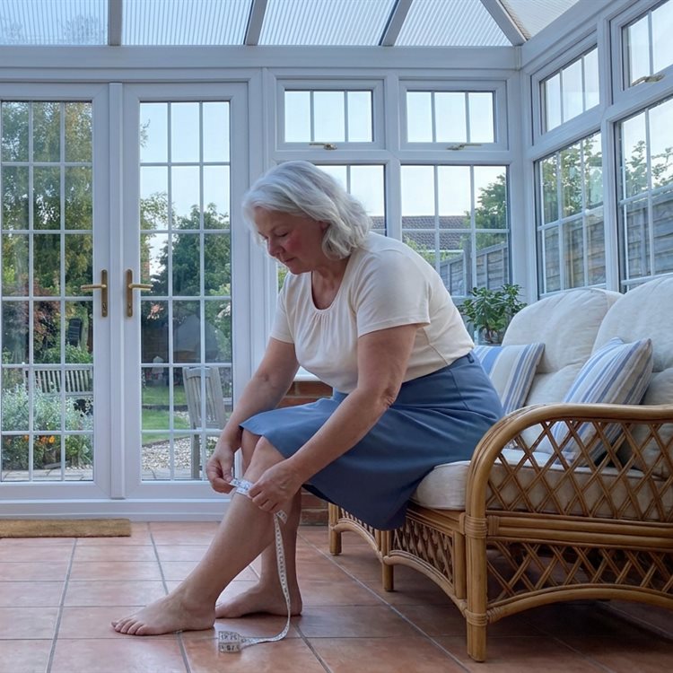 Woman seated in a conservatory measuring her calf with a tape measure