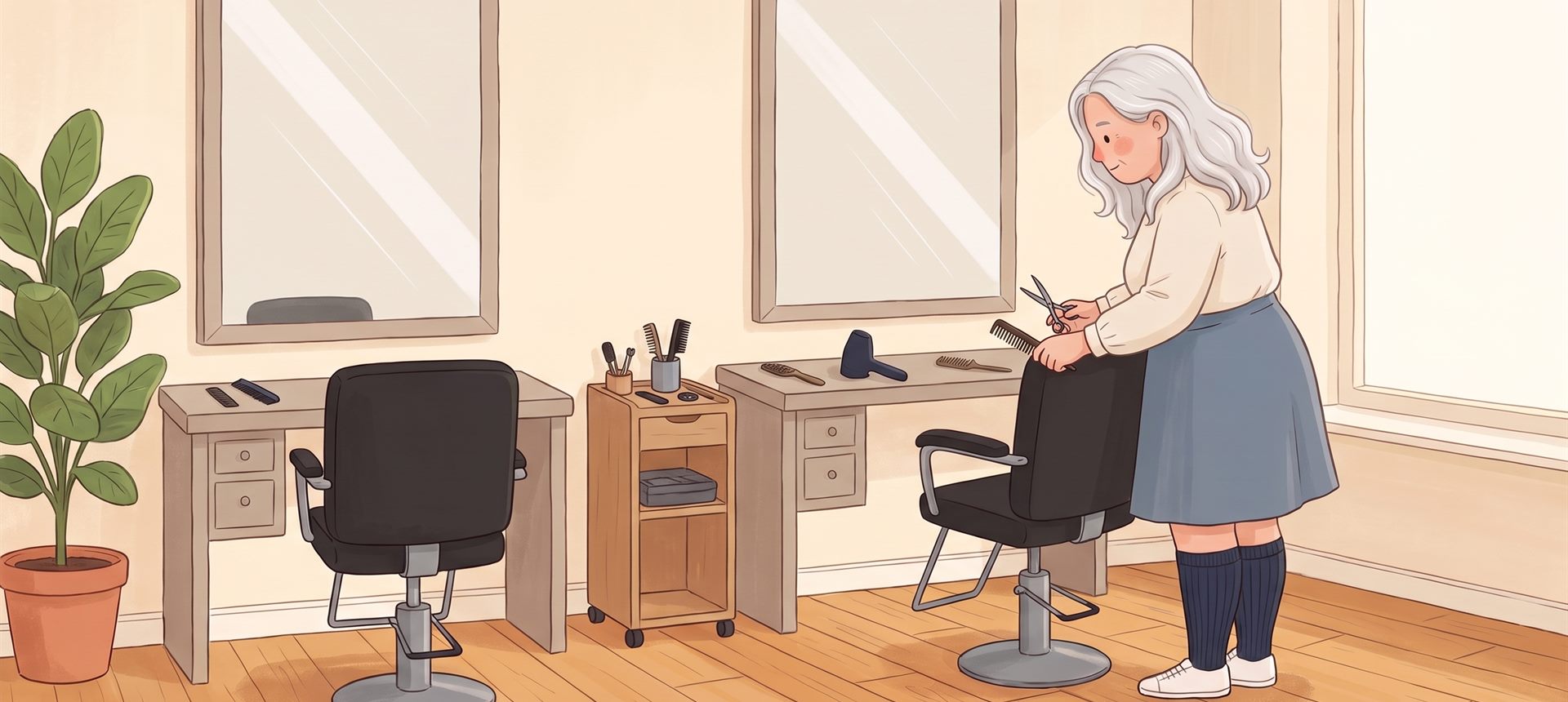 Illustrated hairdresser in navy compression socks tidying her salon chair