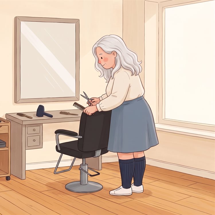 Illustrated hairdresser in navy compression socks tidying her salon chair
