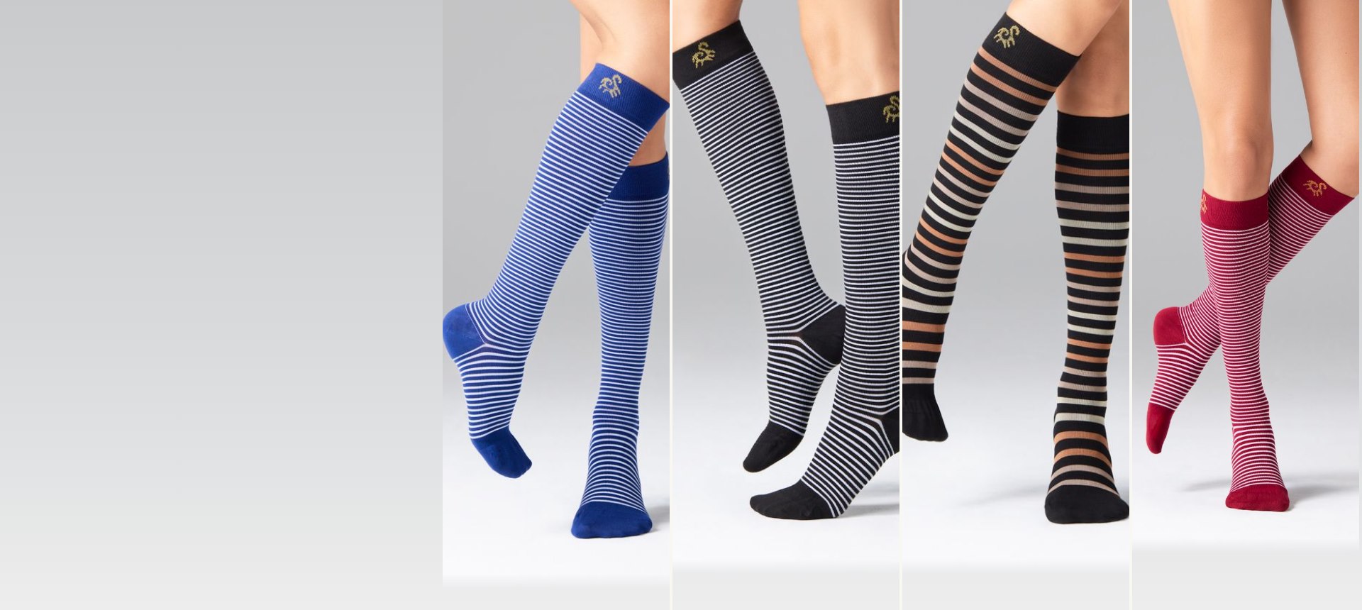 Solidea Stripe Game compression knee-high socks in the four stocked styles: Poseidon blue, Polaris black, Perseo multi-stripe and Dioniso red