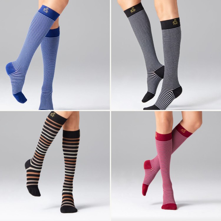 Four stocked Solidea Stripe Game striped compression sock styles in a two by two grid
