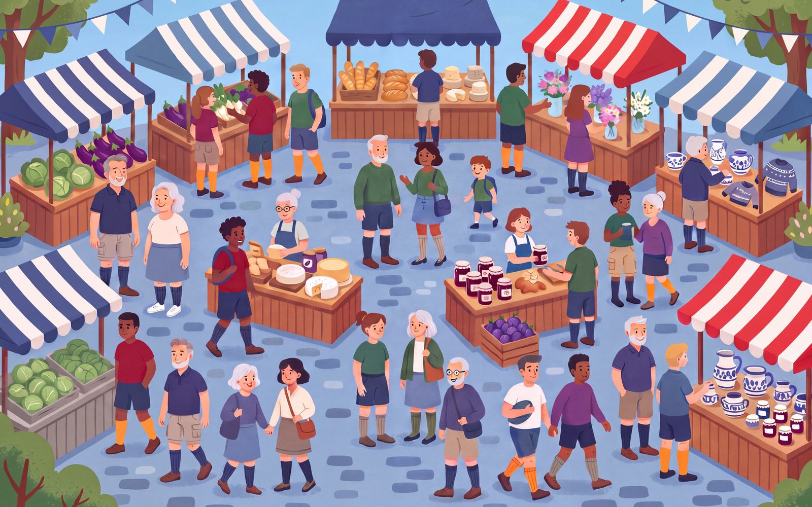 Warm cartoon illustration of a small outdoor market with stalls, where every shopper wears knee-high compression socks and some of the socks are orange.