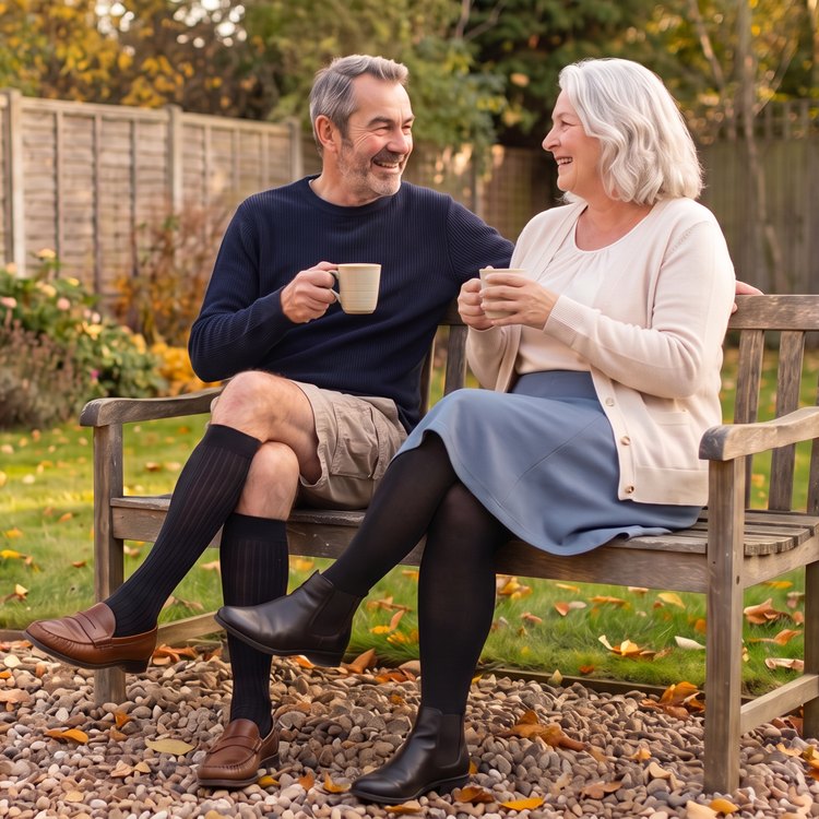 Couple on a garden bench in autumn wearing JOBST compression: men's black knee-highs and women's black opaque tights