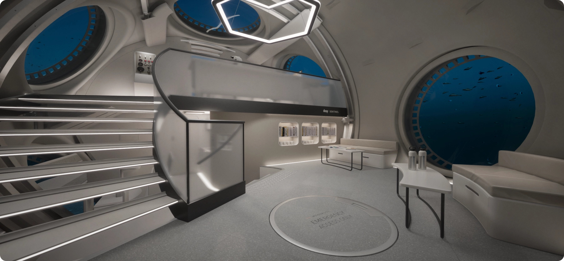 Render of the inside of the Sentinel's lounge area in the water