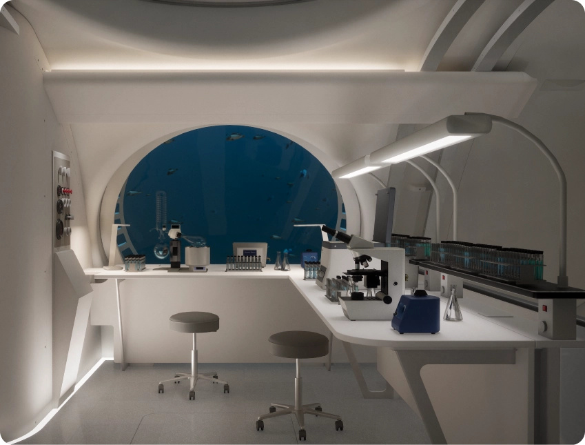 Render of the inside of the Sentinel's laboratory in the water