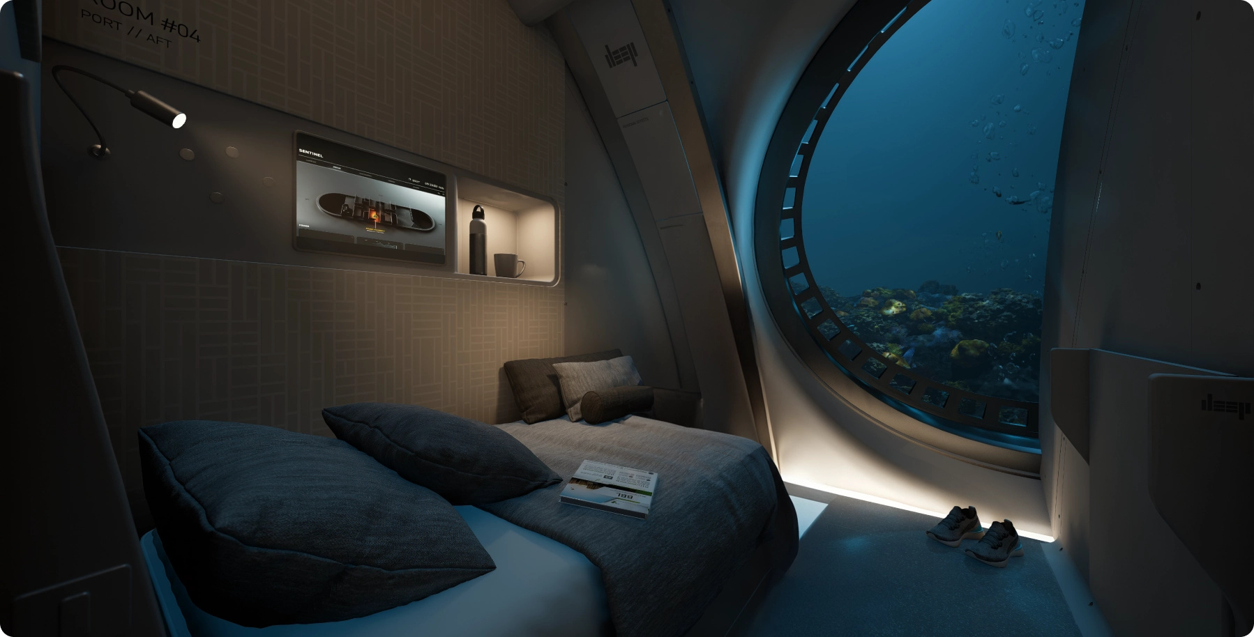 Render of the inside of the Sentinel's sleeping room in the water