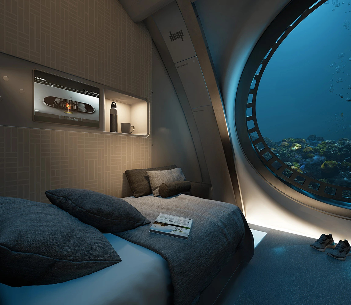 Render of the inside of the Sentinel's sleeping room in the water