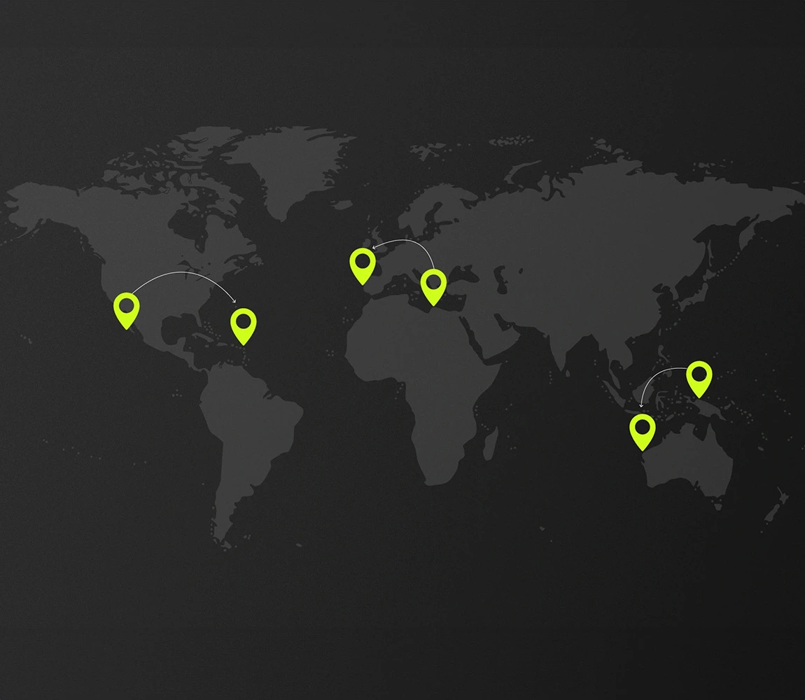Black and gray map with neon green location points