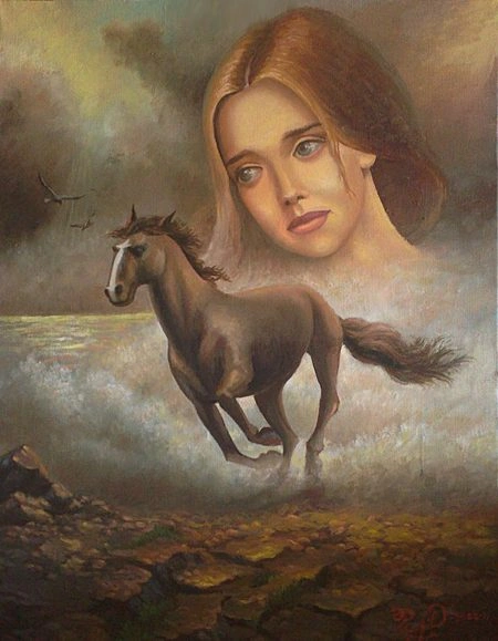 Surrealist composition of a horse galloping through sea foam beneath a woman's face in the clouds