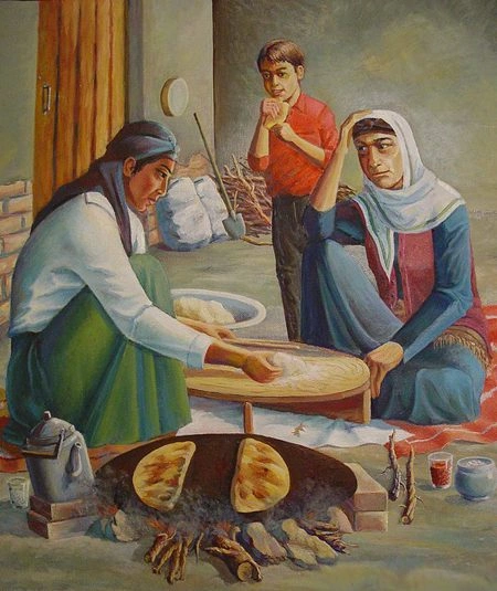 Ocaq başında lavaş bişirən qadınları təsvir edən kompozisiya