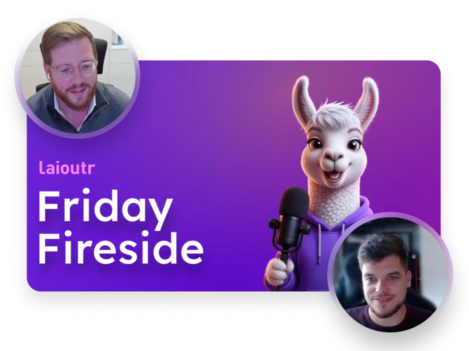 A purple YouTube thumbnail with the title "Friday Fireside" and two round profile pictures of the founders, Marcel Thiesies and Sebastian Langer, floating above it.