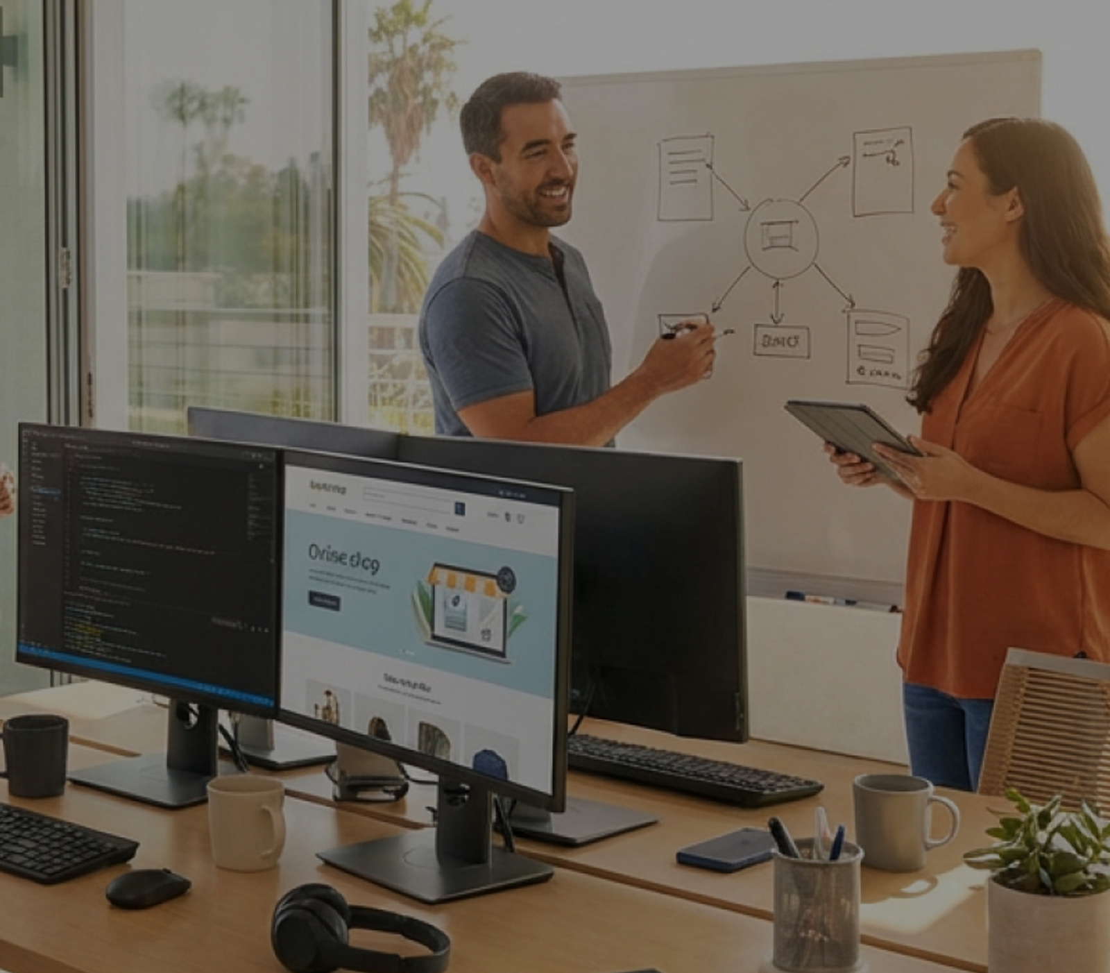 Several people collaborating around a table, with a whiteboard displaying notes and diagrams behind them.