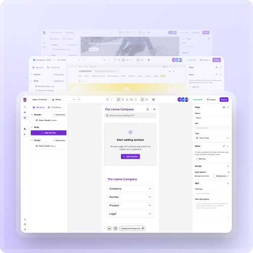 There are several screenshots lined up one after the other. You can see the studio interface where you can quickly and easily build your pages.
