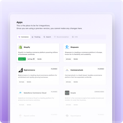 A screenshot of the selection of shop system apps that you can easily connect.